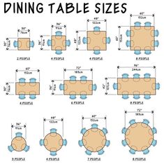 an image of dining table sizes and their corresponding tables are shown in the diagram below