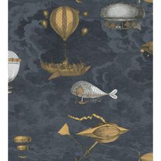 an image of hot air balloons flying in the sky with animals and fish on them