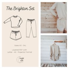 the brighton set sewing pattern is shown in three different styles, including shorts and top