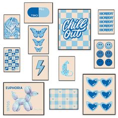 various blue and white items are arranged on a wall with the words, cheesy cut