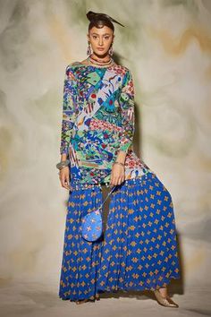 Shop for DiyaRajvvir Blue Georgette Aztec Print Kurta And Gharara Set for Women Online at Aza Fashions Gharara Pants, Blue Kurta, Kurta Style, Indian Fashion Designers, Pernia Pop Up Shop, Indian Fashion Dresses, Aztec Print, Festival Wear, Aza Fashion