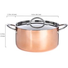 an image of a large copper pot with measurements for the bottom and side handles on it