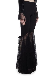 cuz you love the darkness. These pants have a velour construction, sheer floral lace bell bottoms, and a low waist fit. Love The Darkness, Lace Bell Bottoms, Black Bell Bottoms, Velvet Bell Bottoms, Goth Shirt, Romantic Goth, Velvet Lace, Bell Bottom Pants, Gothic Outfits