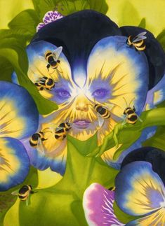 a painting of blue and yellow flowers with bee's in the center, surrounded by green leaves