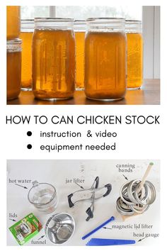 the instructions for how to make chicken stock in mason jars with scissors and measuring tape