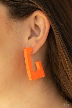 Painted in a neon orange finish, a distressed wooden frame curves around the ear, creating a rectangular hoop for a retro effect. Earring attaches to a standard post fitting. Hoop measures approximately 1" in diameter.  #P5HO-OGXX-006XX   Sold as one pair of hoop earrings. Paparazzi Jewelry Images, Retro Effect, Wood Hoop Earrings, Paparazzi Accessories Jewelry, Orange Wood, Orange Earrings, Wooden Hoop, Paparazzi Accessories, Latest Jewellery