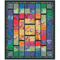 a colorful quilt with squares and flowers on the front, as well as an image of birds