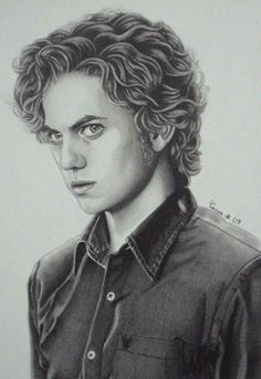 a drawing of a man with curly hair wearing a black shirt and looking at the camera