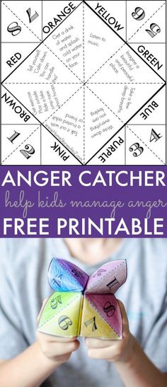 an image of a child holding up a paper fortune card with the words anger catcher on it