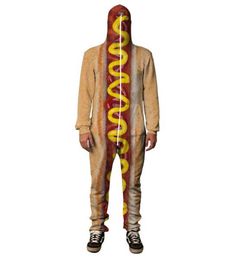 a man wearing a footless onesuit with a hot dog on it