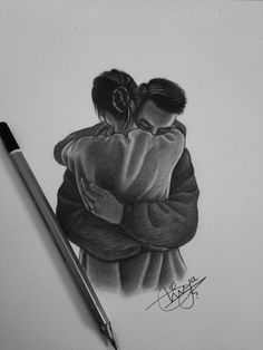 a pencil drawing of two people hugging each other