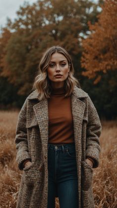 A woman wearing a rust-colored turtleneck, plaid coat, and high-waisted jeans in a fall setting Halloween Day Outfit, Photographer Fits, Autumn Photography Ideas, Boho Chic Outfits Fall, Fall Vibes Outfit, Chic Fall Outfit, Chic Fall Fashion, Stylish Fall Outfits, Crisp Autumn