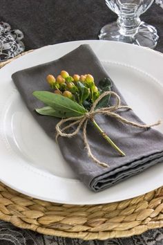 Floral sprig - tied around napkin with twine. A simple, beautiful addition to a holiday table. Friendsgiving Table Setting, Beautiful Thanksgiving Table, Thanksgiving Table Settings Diy, Rustic Thanksgiving Table, Thanksgiving Table Settings Simple, Simple Thanksgiving Table, Hosting Thanksgiving Dinner, Rustic Thanksgiving, Table Decorating