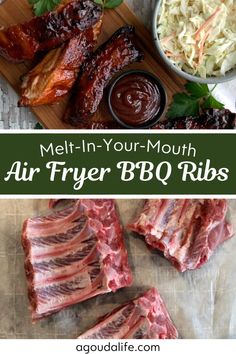 meat with bbq ribs, coleslaw and sauces on the side are shown