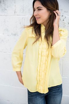 Ruffled Up 3/4 Sleeve Blouse - L, Yellow - $36.00 -  - Betsey's Boutique Shop Boutique Shop, Shirt Shop, Sleeve Blouse, Shirts Tops, Tunic Tops, Ruffle Blouse, Boutique, Women's Top, Beauty