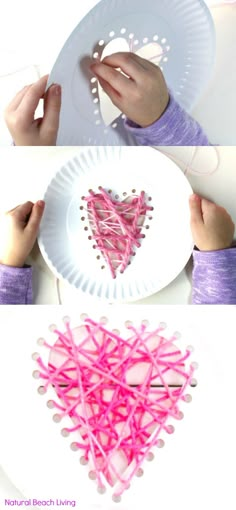 paper plate heart craft for valentine's day with pink string and yarn on it