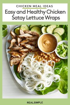 chicken and healthy chicken stay lettuce wraps on a plate with sauce in the middle