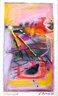 an abstract painting with different colors and lines on it's surface, including pink, yellow