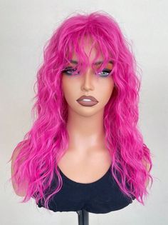 Color:Hot Pink Type:Bangs Wig Features:Heat-Resistant Cap Type:Rose Mesh Net Crowd:Women Hairstyle:Medium Wigs Theme:Party Curl:Small to Medium Curls Dye/Bleach/Perm:Perm Heat Tolerence:150℃ Material:High Temperature Fiber Hot Pink Wig, Curly Pink Hair, Pink Wig With Bangs, Pink Curls, Wavy Weave, Medium Wigs, Pink Dip Dye, Medium Length Curly Hair, Hot Pink Hair