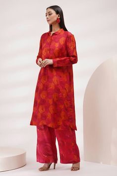 Red straight tunic with rosette prints. Paired with coordinating pant. - Aza Fashions Red Silk Kurta For Spring, Red Straight Kurta For Spring, Red Floral Print Palazzo Set With Straight Kurta, Elegant Red Palazzo Set With Printed Motifs, Aakanksha Singh, Tunic With Pants, Pant For Women, Tunic Pattern, Luxury Sale