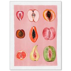 a painting of different types of fruit on a pink background