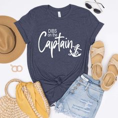 Dibs On The Captain Tee - Limeberry Designs Boating Shirts For Women, Boat Tshirt Design, Funny Boating Shirts, Blue Nautical Style T-shirt For Summer, Nautical Cotton T-shirt With Graphic Print, Nautical Cotton T-shirt For Summer, Nautical Short Sleeve Beach Top, Nautical Beach Tops For Summer, Nautical Style Beach Tops For Summer