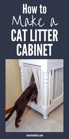 a cat that is inside of a white cabinet with the words how to make a cat litter cabin