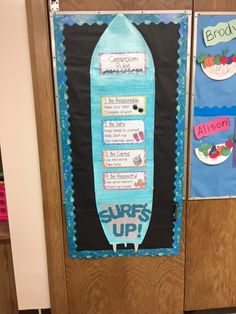 a bulletin board with surfs up written on it in front of a wooden door