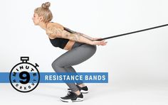 a woman holding a pole while standing in front of a white background with the words resistance bands on it