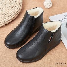 Lasaky - Winter Cotton Boots - Comfortable Soft Sole Short Boots with Added Insulation for Warmth - Flat Cotton Leather Shoes Leather Shoes Brand, Womens Leather Ankle Boots, Winter Footwear, Black Snow Boots, Mom Shoes, Heels Patterns, Fashionable Snow Boots, Winter Shoes For Women, Warm Shoes