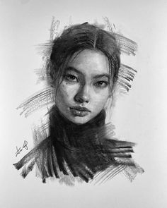 a black and white drawing of a woman's face with her hair pulled back