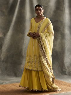 Yellow Kurta, Kurta Cotton, Blouse Yoke, Silver Jacket, Kurta Sharara Set, Kurta Sharara, Sharara Set, Organza Dupatta, Skirt And Blouse