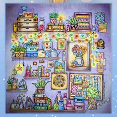 an image of a painting with many things on the shelf in front of it that is filled with flowers and plants