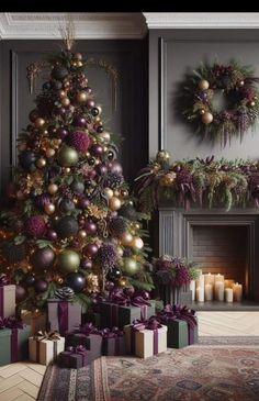 a decorated christmas tree in front of a fireplace