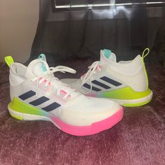 I’ve Only Worn These Shoes 2 Times Due To Them Being Too Big For Me And It Being My Last Season Of Volleyball, Amazing Pair Of Shoes Overall And Would Love To Sell Them To A Player!! Adidas Multicolor Basketball Shoes, Adidas Multicolor Sporty Basketball Shoes, White Sneakers With Boost Midsole For Pickleball, Adidas Pink Sporty Basketball Shoes, Pink Adidas Basketball Shoes For Sports, Adidas Pink Basketball Shoes For Sports, Adidas White Basketball Shoes For Training, White Lace-up Sneakers For Pickleball, Adidas Pink Basketball Shoes