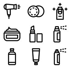 different types of cosmetics and hairdryer on a white background, black and white icon set