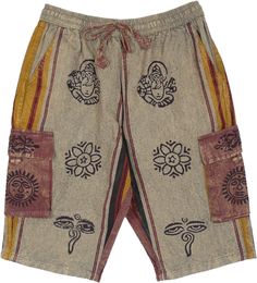 A unisex Bermuda style shorts with tribal ethnic symbols on the front and the back - made from thick heavyweight woven cotton, inspired by the hill tribes of the Himalayas and handwoven on looms in the Kathmandu Valley. These shorts feature two side pockets, two deep cargo pockets and one back pocket with velcro closure. #tlb #Pocket #vacationclothing #beachwrap #bohemianfashion #Handmade #HippieBermudaShorts #BohemianShorts #UnisexShorts #Wovencottonbermudashorts Brown Bohemian Shorts, Bohemian Brown Cotton Shorts, Traditional Cotton Shorts For Summer, Bohemian Cotton Shorts With Relaxed Fit, Bohemian Style Relaxed Fit Shorts, Bohemian Relaxed Fit Shorts, Hippie Cotton Shorts For Festivals, Hippie Shorts, Beach Bohemian