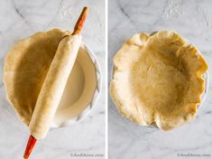 two pictures showing how to make an empana pie with the crust removed from it