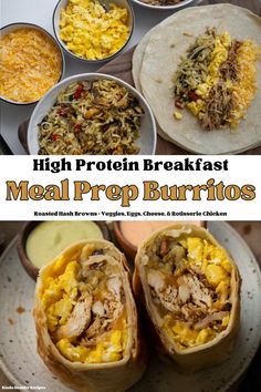 high protein breakfast meal prep burritos with meat and eggs in the middle, on a plate