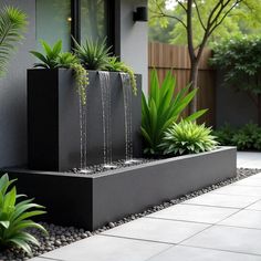 an outdoor water feature with plants and rocks