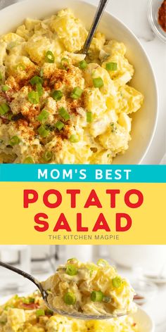 the cover of mom's best potato salad is shown in two different images, one with