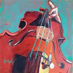 an abstract painting of a red violin on a blue and green background, with the strings still attached