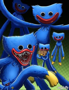 three blue cartoon monsters with red noses and big eyes, one holding a small teddy bear