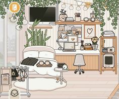 a room with plants and pictures on the wall, including a bed in front of a tv