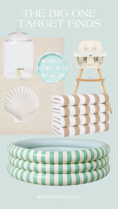 the big one target finds are green and white striped plates, napkins, baby highchair