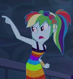 a cartoon girl in a rainbow colored dress pointing at something with her hand and finger