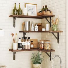 the shelves in the bathroom are filled with various items