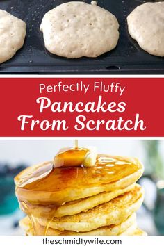 pancakes with syrup being poured onto them and then topped with pancakes from scratch