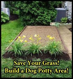 an image of a yard with flowers in the middle and text that reads save your grass build a dog potty area