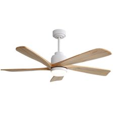 a white ceiling fan with two wooden blades on the top and one light on the bottom